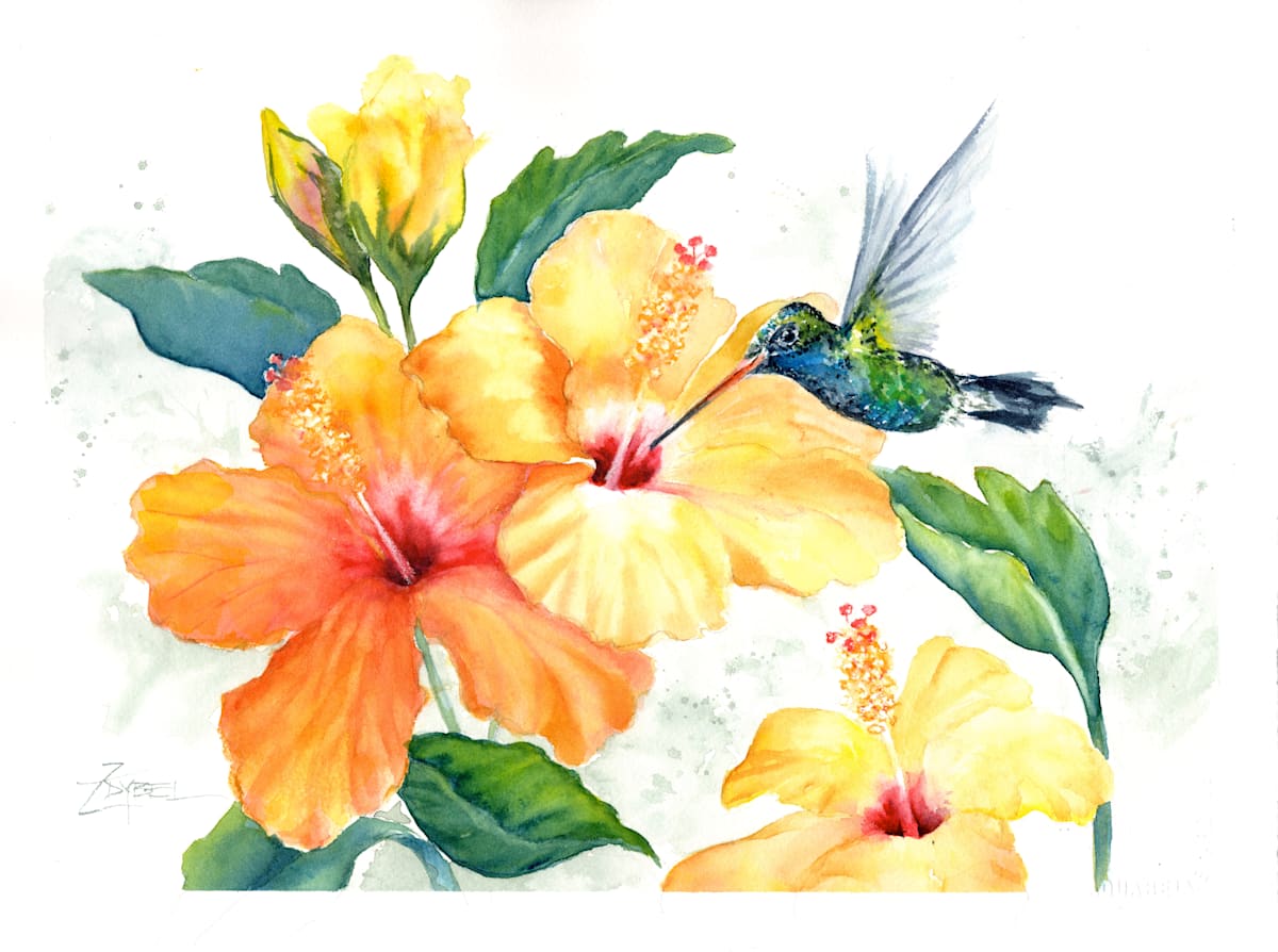 Hummingbird with Yellow Hibiscus by Rebecca Zdybel 