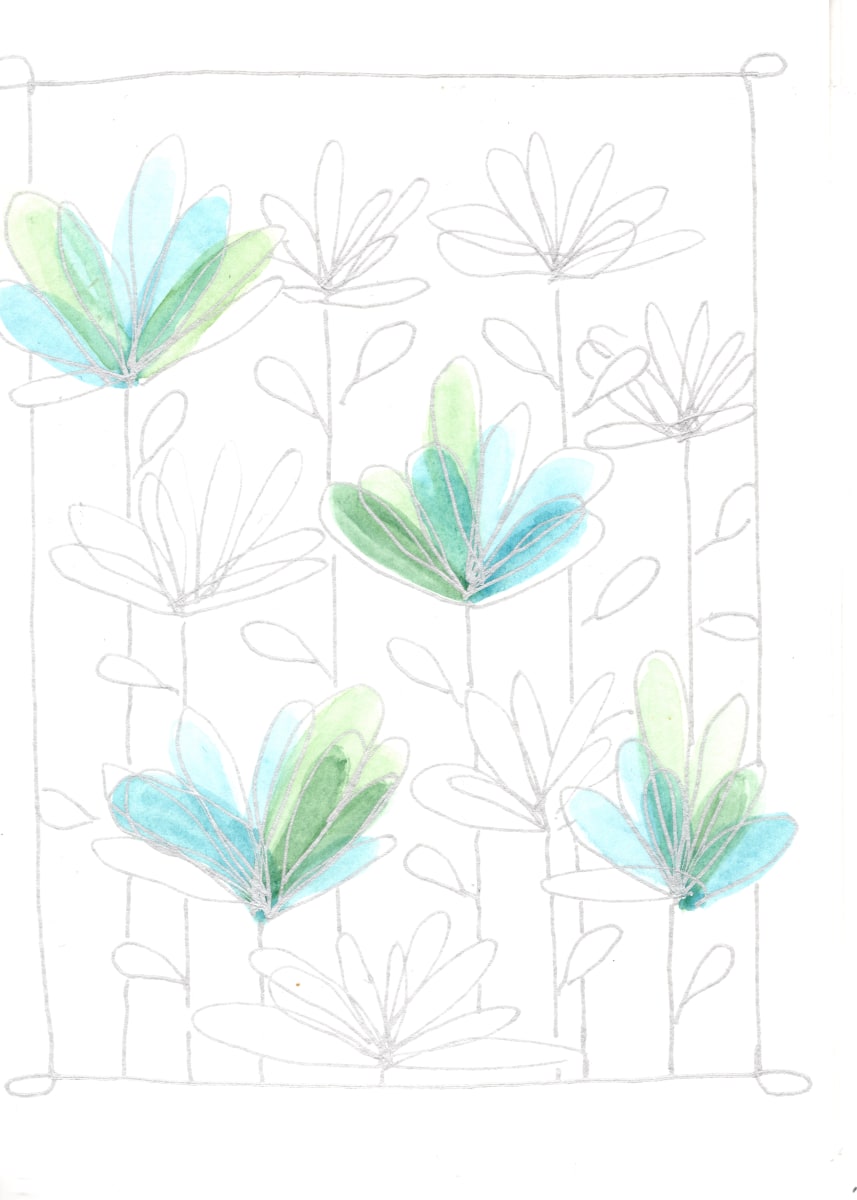 Stained Glass floral in green and blue  watercolor card 
