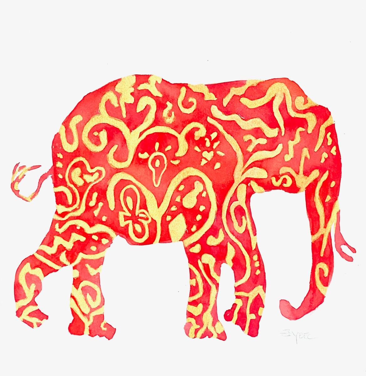 Playful Pachyderm in Red and Gold, Image 1.