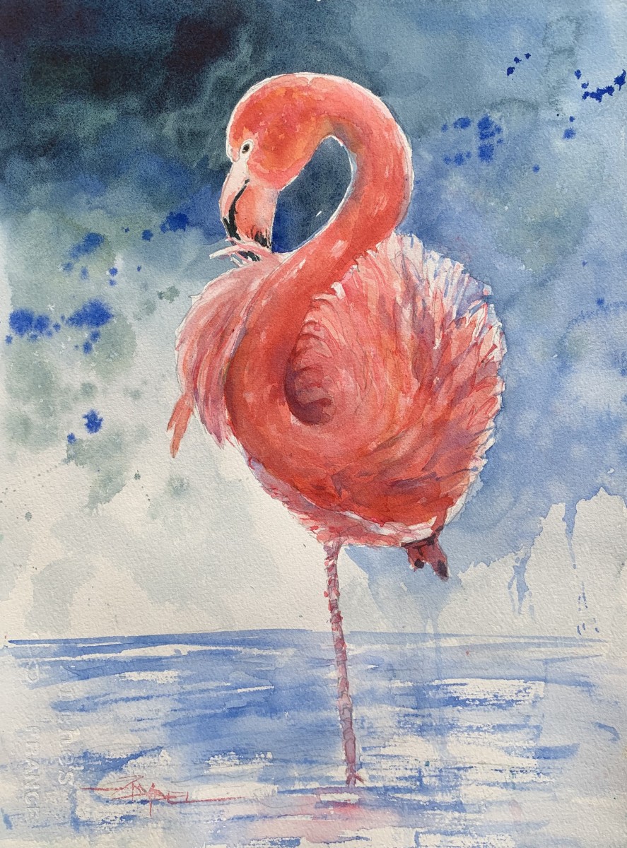 Flamingo in Pink and Blue by Rebecca Zdybel 