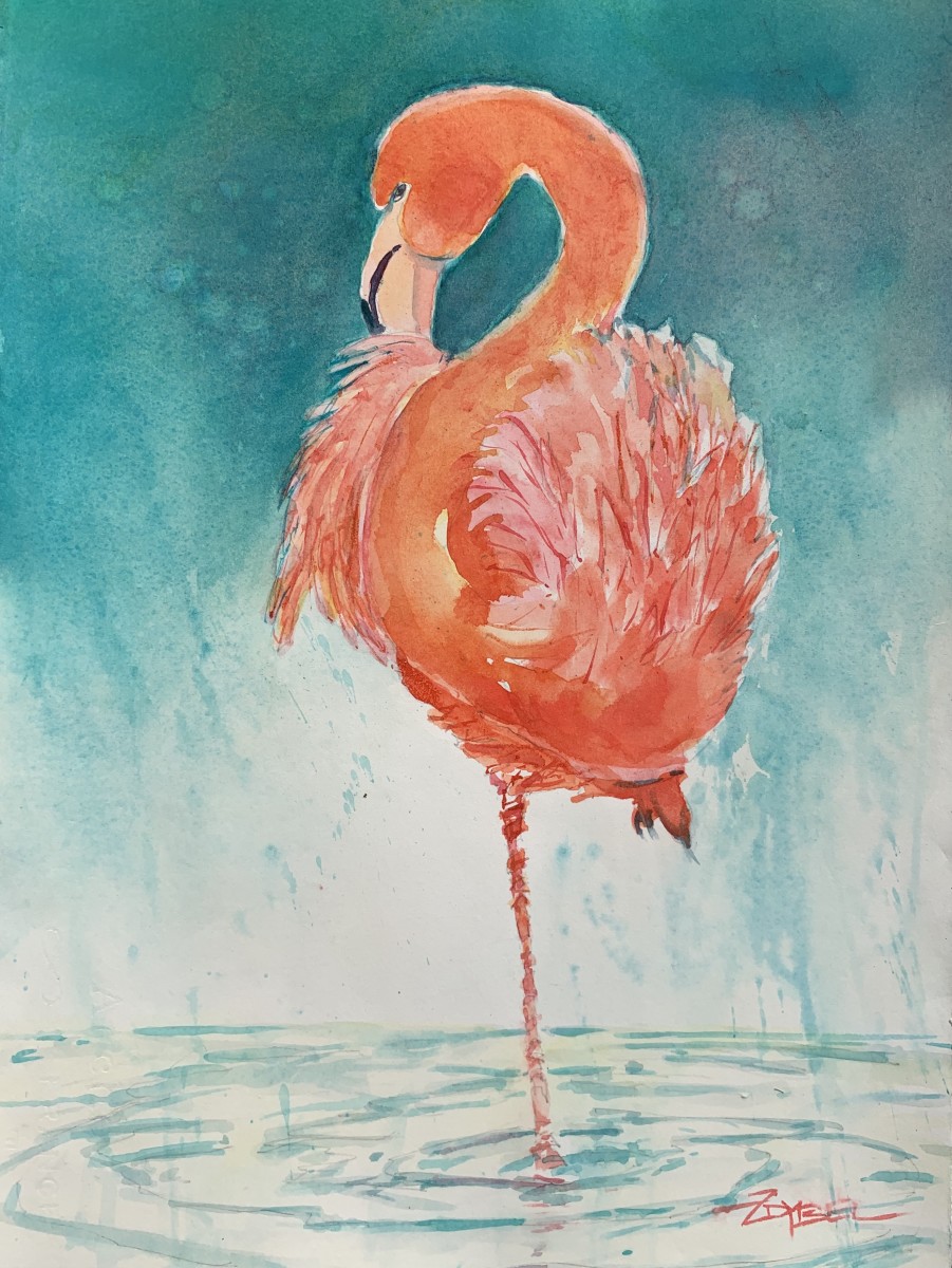 Flamingo in Orange and Aqua by Rebecca Zdybel 