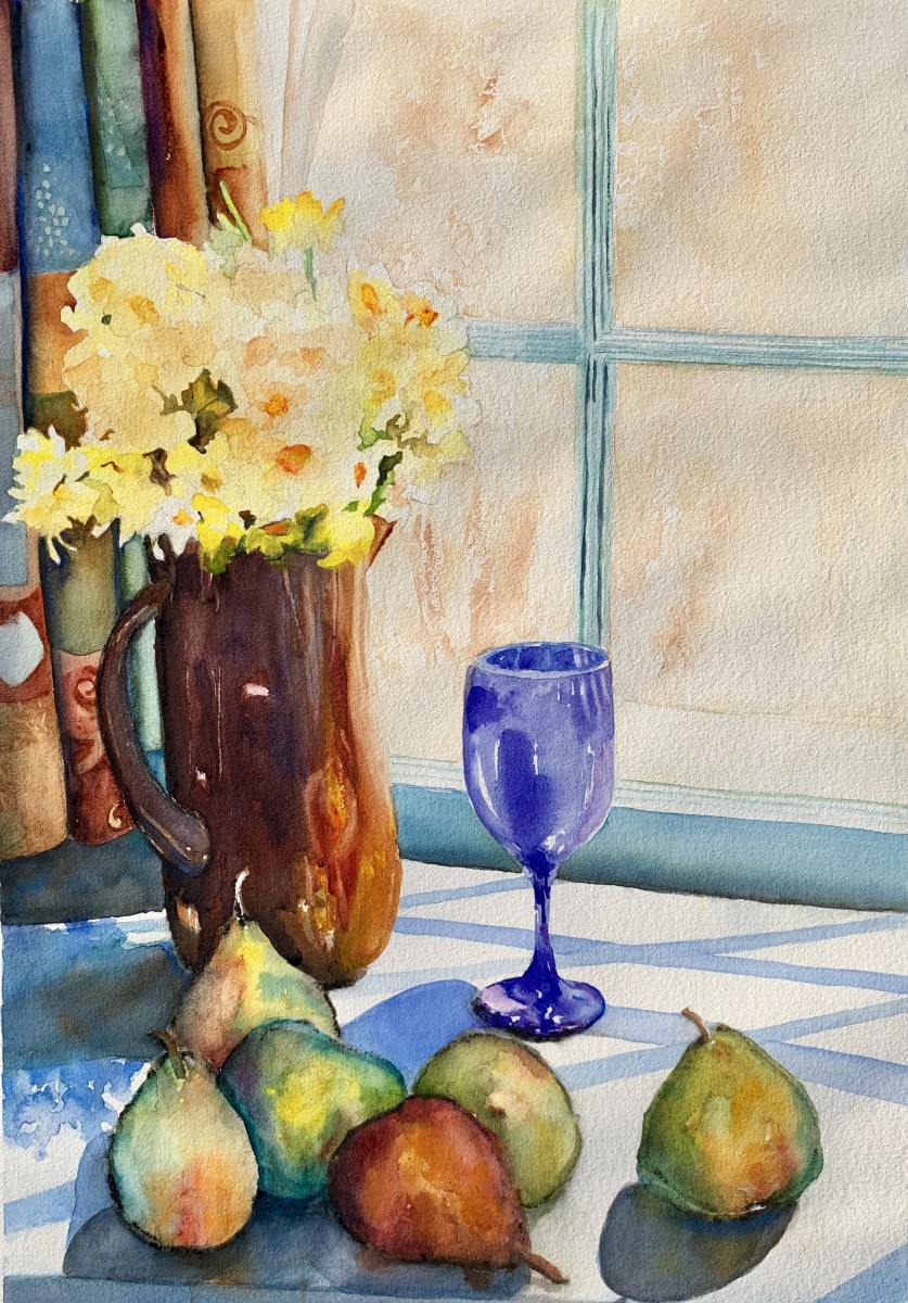 Still Life with Daffodils, Pears, and Blue Goblet by Rebecca Zdybel 
