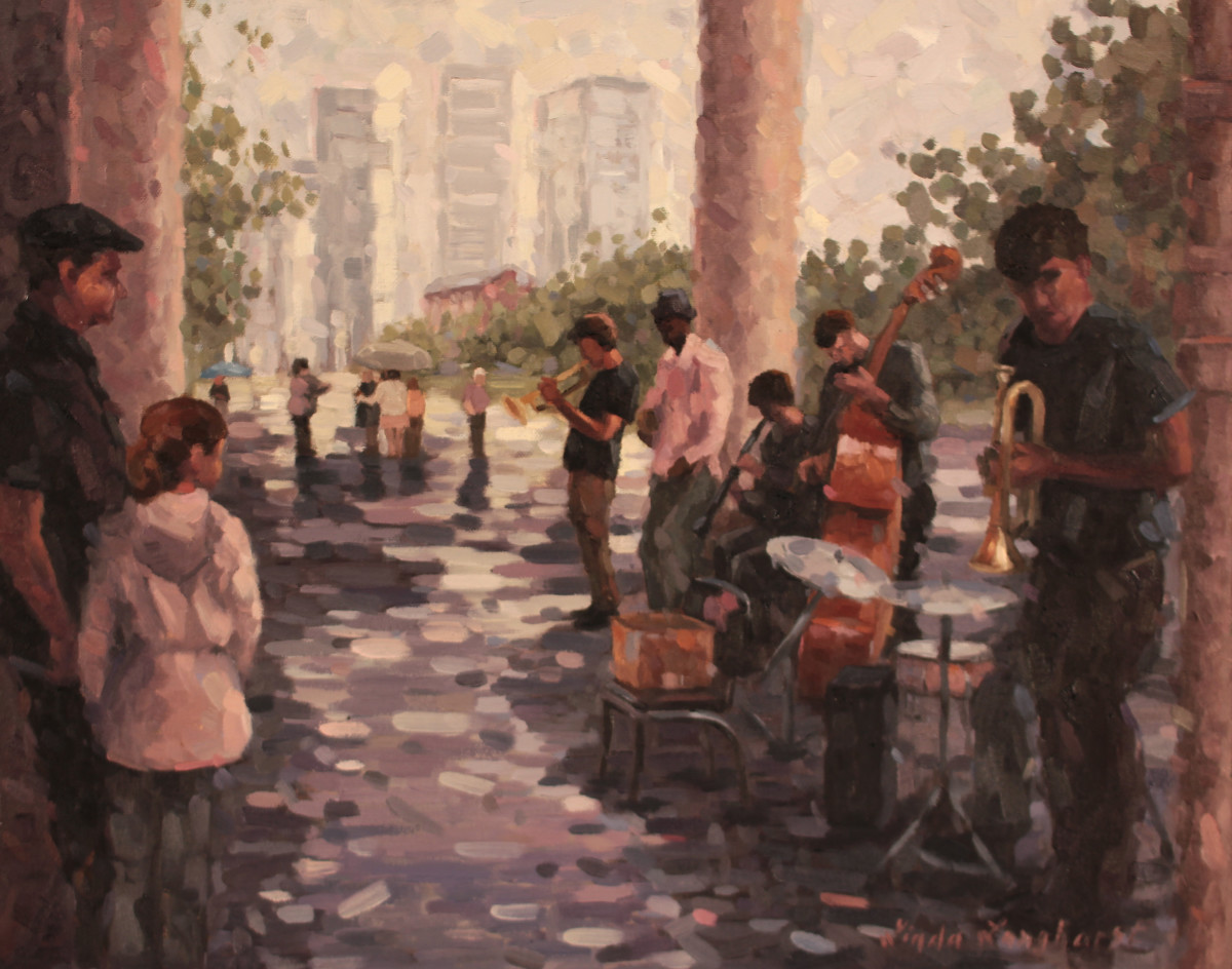 The Carlo Rossi Gang by Linda Langhorst  Image: Canadian band playing in the French Quarter. John and Louisa watching.
