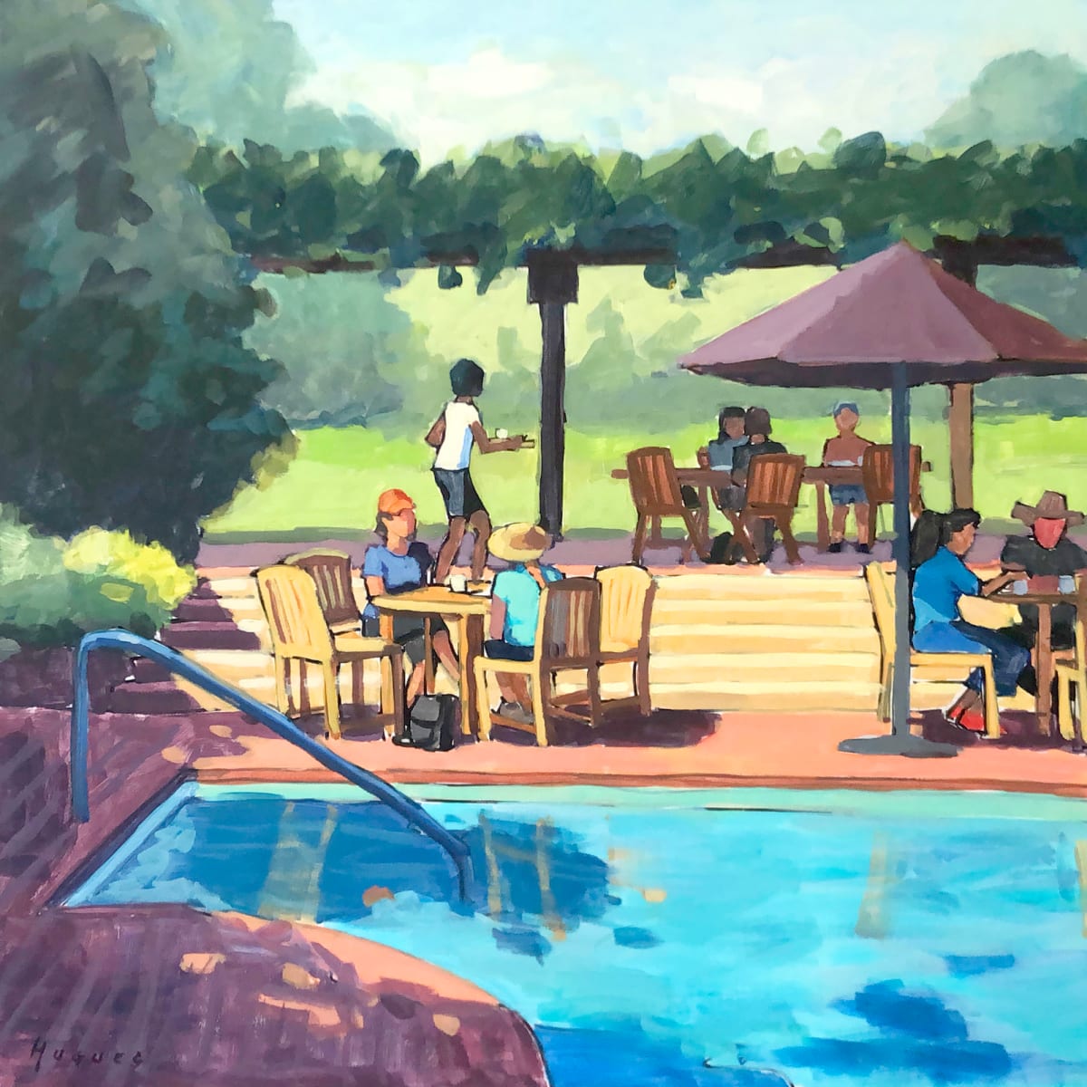Breakfast at the Ranch - Tecate by Linda Hugues  Image: The foothills of Rancho La Puerta in northern Mexico is my favorite fitness resort. This painting shows guests after our morning walk enjoying a breakfast by the pool, a scene of warm sunlight, deep shade, aqua water, and the light blue sky of early morning.