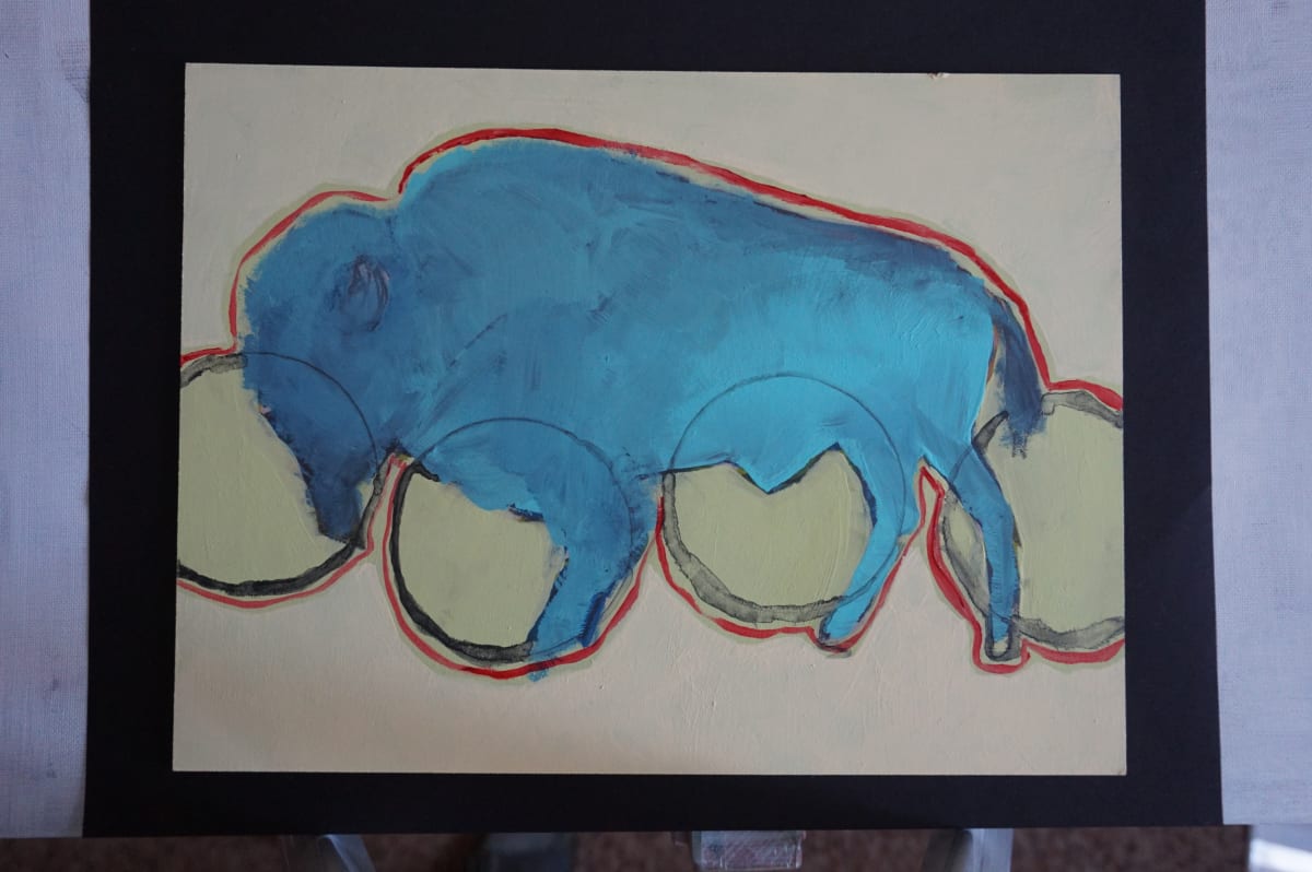 Blue Bison on Yellow with Circles by Eric Jones, Image 1.