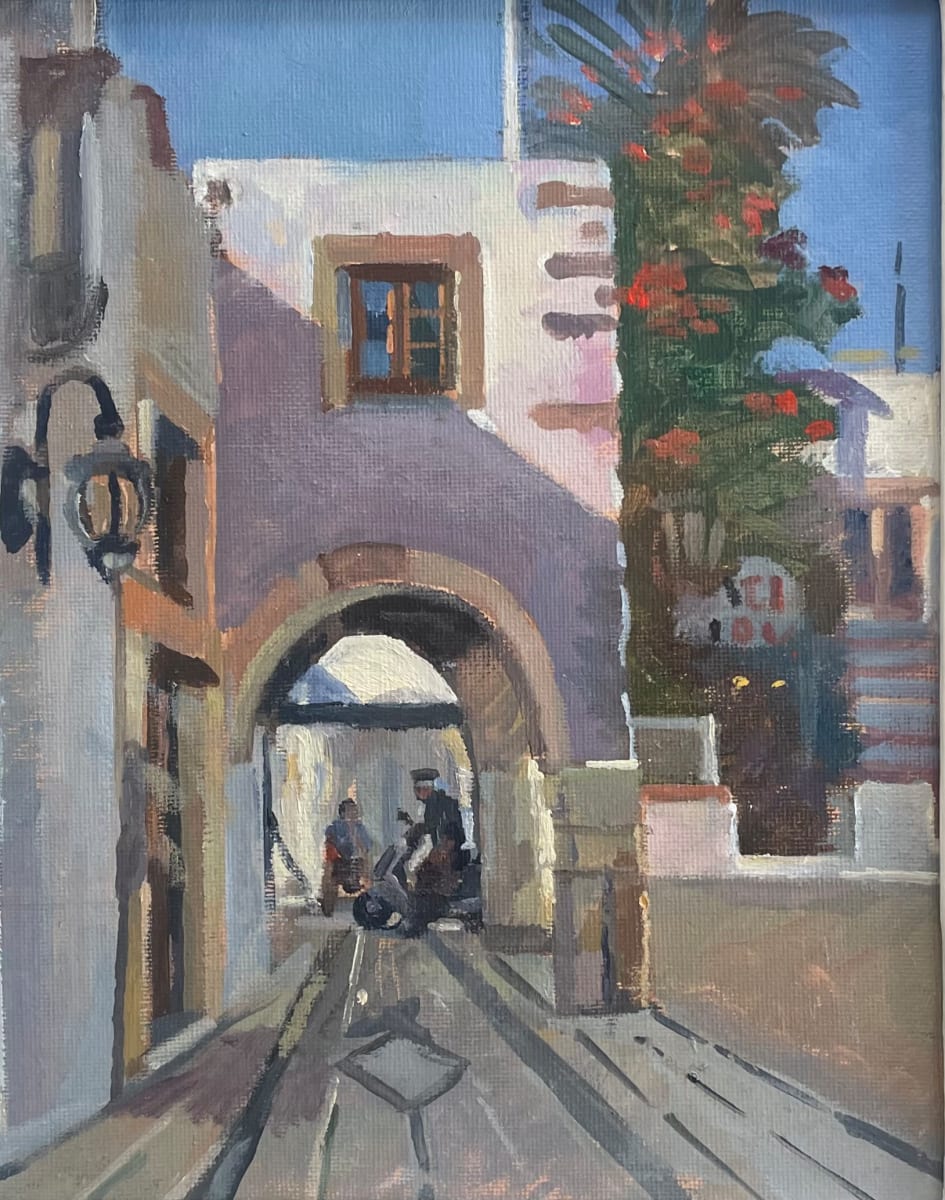 St John's Church, with Priest on a Motor Scooter. Patmos. Greece by Alan Lancaster 