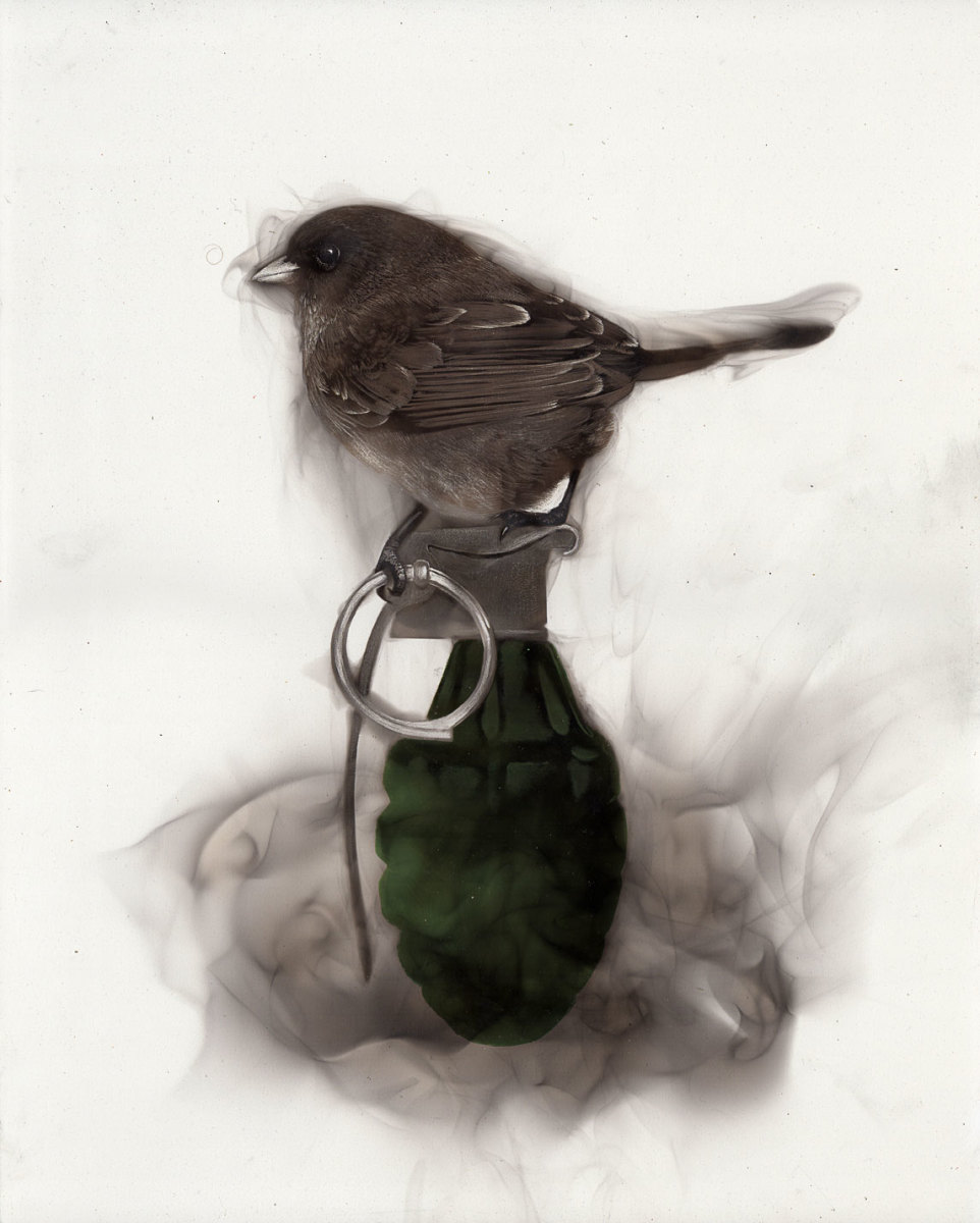 Bird on Grenade (holding pin) by Steven Spazuk 