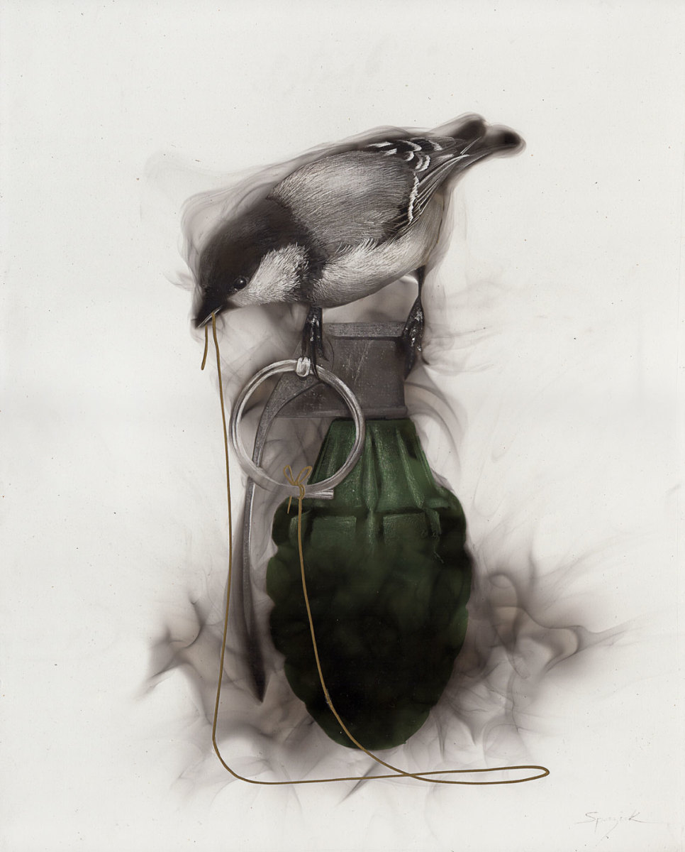 Bird on Grenade (Chickadee holding string in beek) by Steven Spazuk 