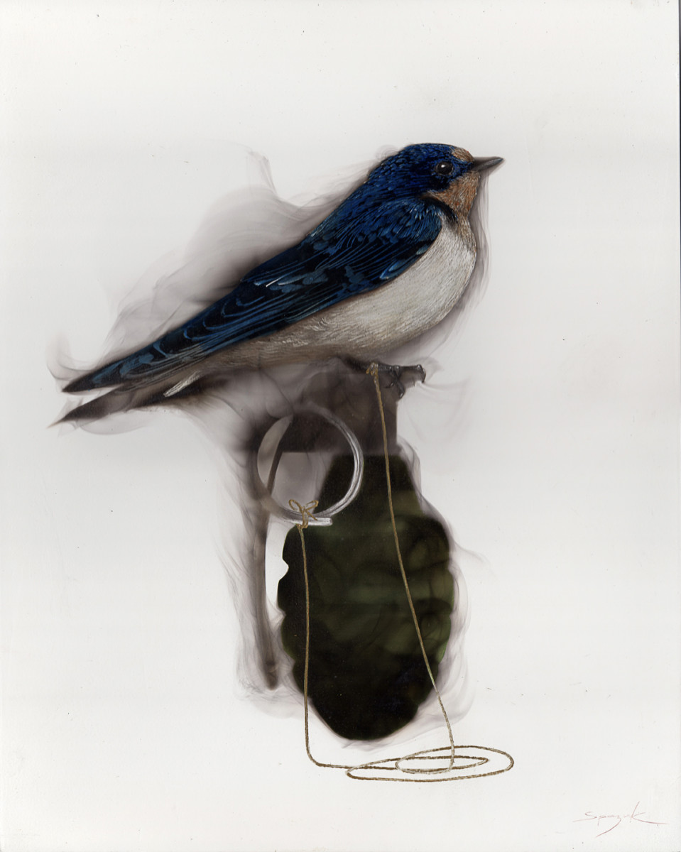 Bird on Grenade (2 Swallow attached to pin) by Steven Spazuk 