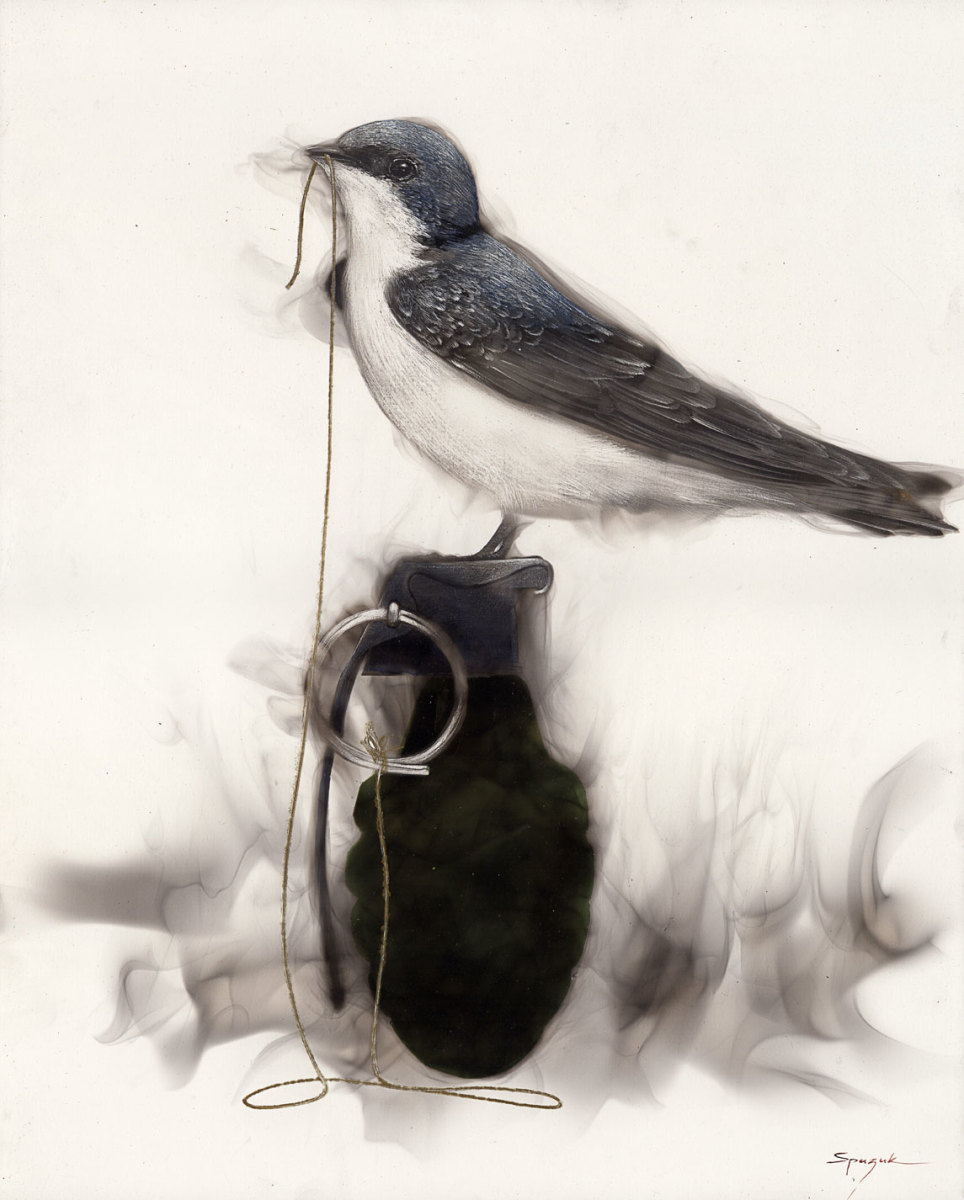 Bird on Grenade ( 1 Swallow string to pin in beak) by Steven Spazuk 