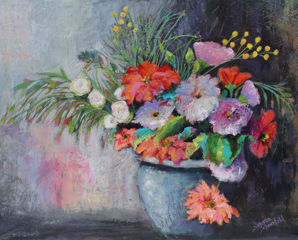 Coral and Mauve Flowers by Sharron Schoenfeld 