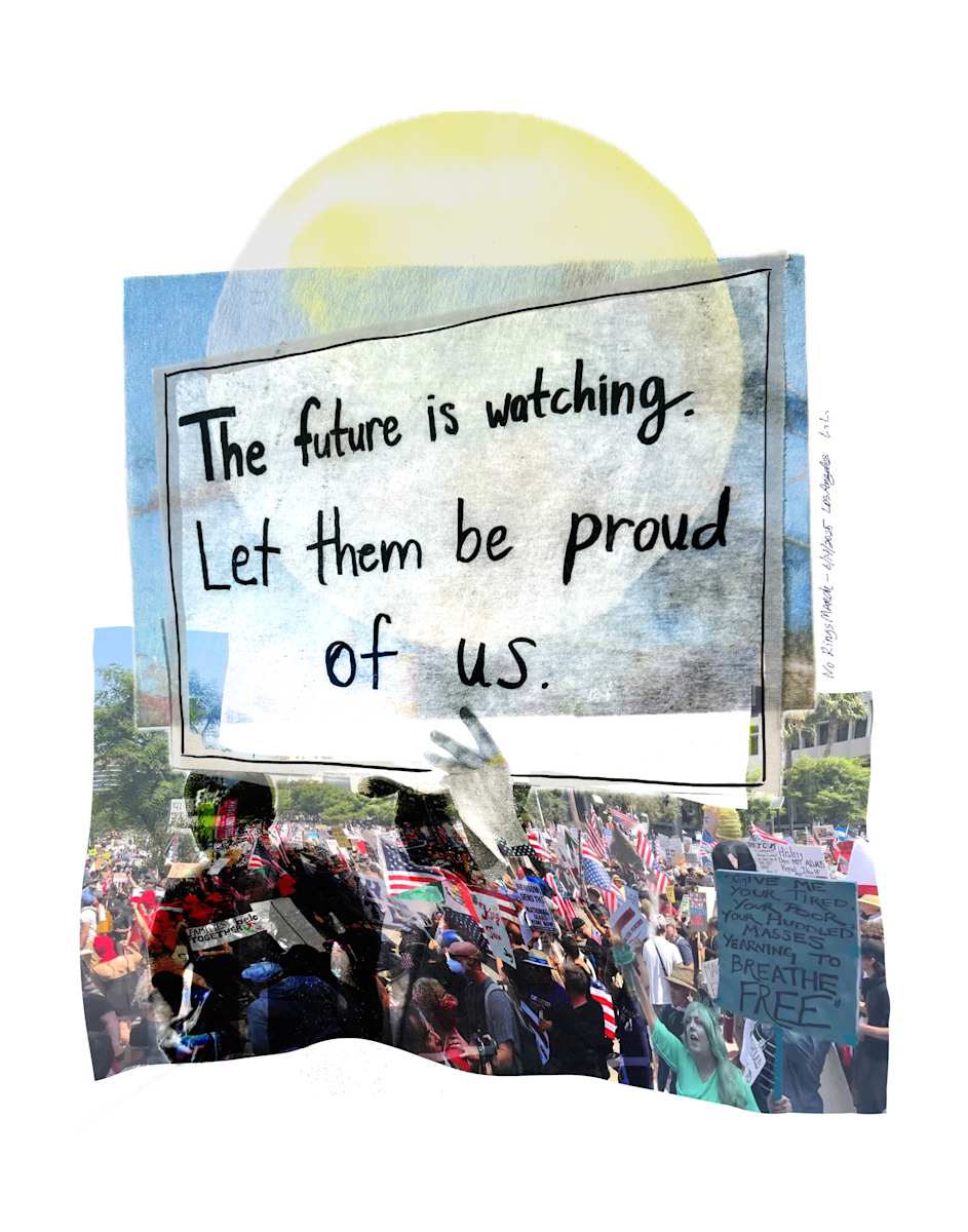 The Future is Watching by Laura Letchinger  Image: Mixed media, from images I took at the No Kings March, downtown Los Angeles, June 14, 2025
