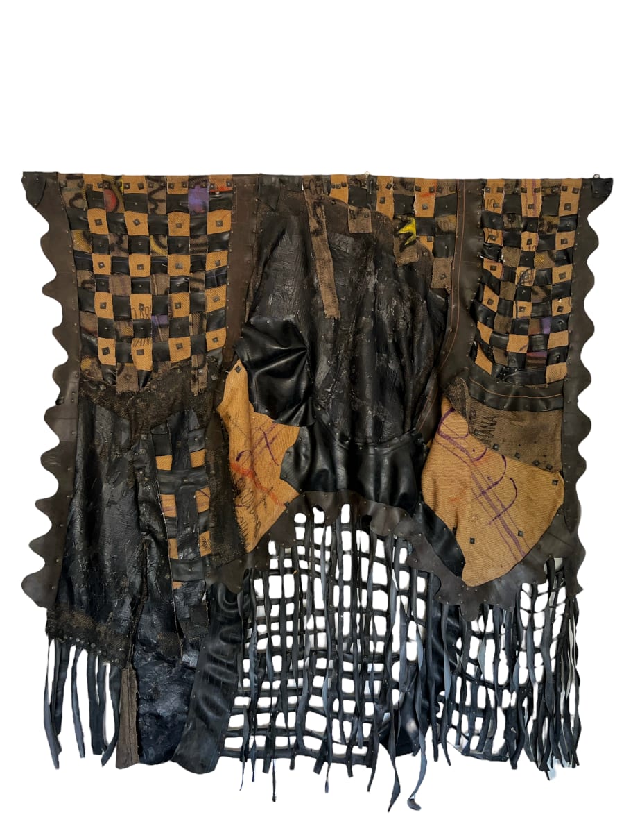 ABIOLA by DELA ANYAH  Image: My creative concept revolves around employing diverse weaving techniques to craft a tapestry from discarded inner tubes and dyed jute sacks. Rooted in the principles of upcycling, it focuses on reusing found objects sourced from vulcanizer shops and similar spaces.