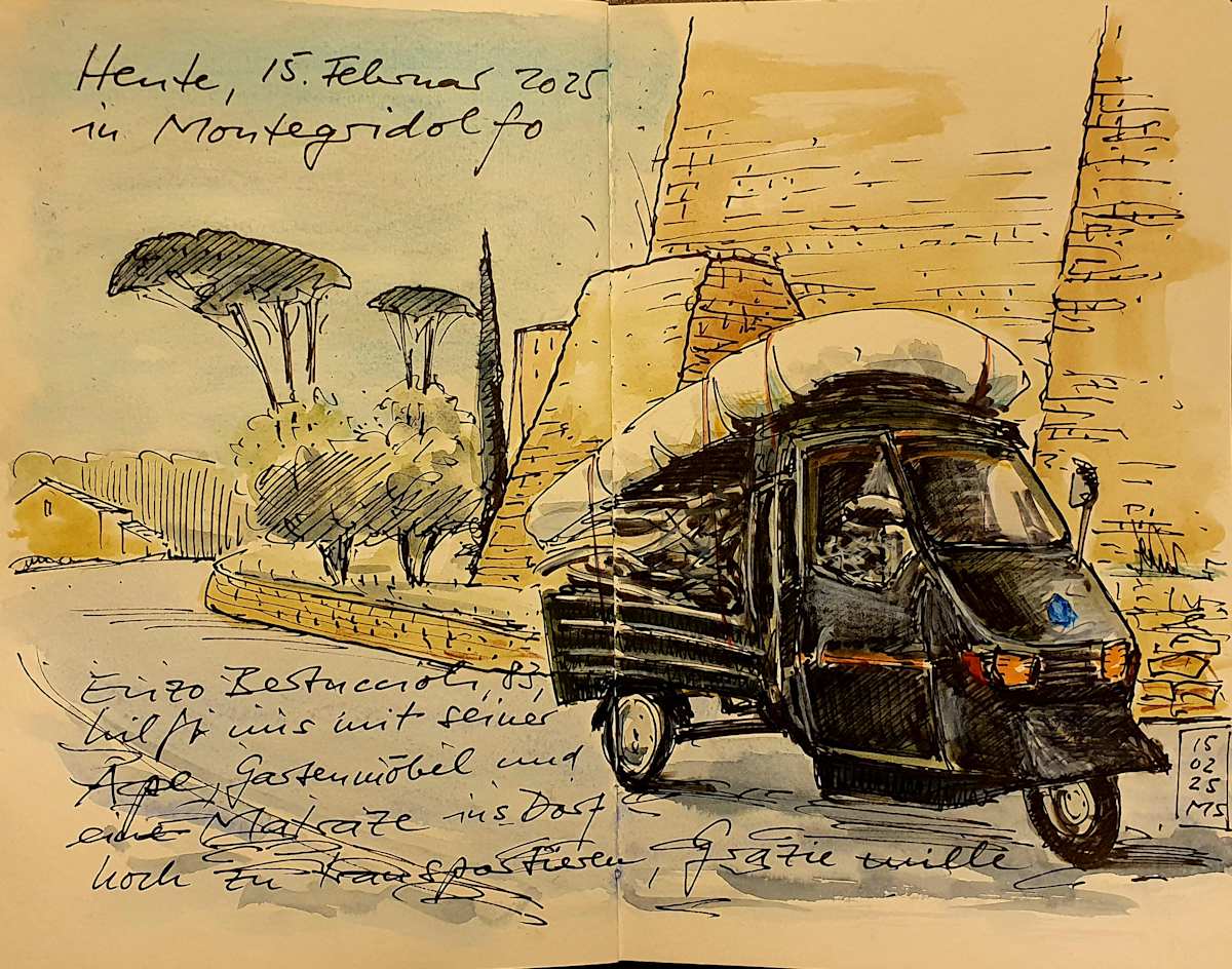 Montegridolfo, Nachbarhilfe mit Ape, 2025 by Martin Spillmann, Image 1.