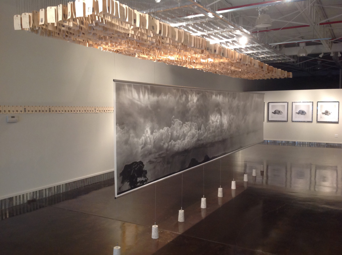 Slipping the flesh and bone of this mortal coil by Marshall Harris  Image: a mixed media installation consisting of a 25 foot drawing of some ominous clouds and 3000 mortuary toe tags hung above in a sculptural presentation