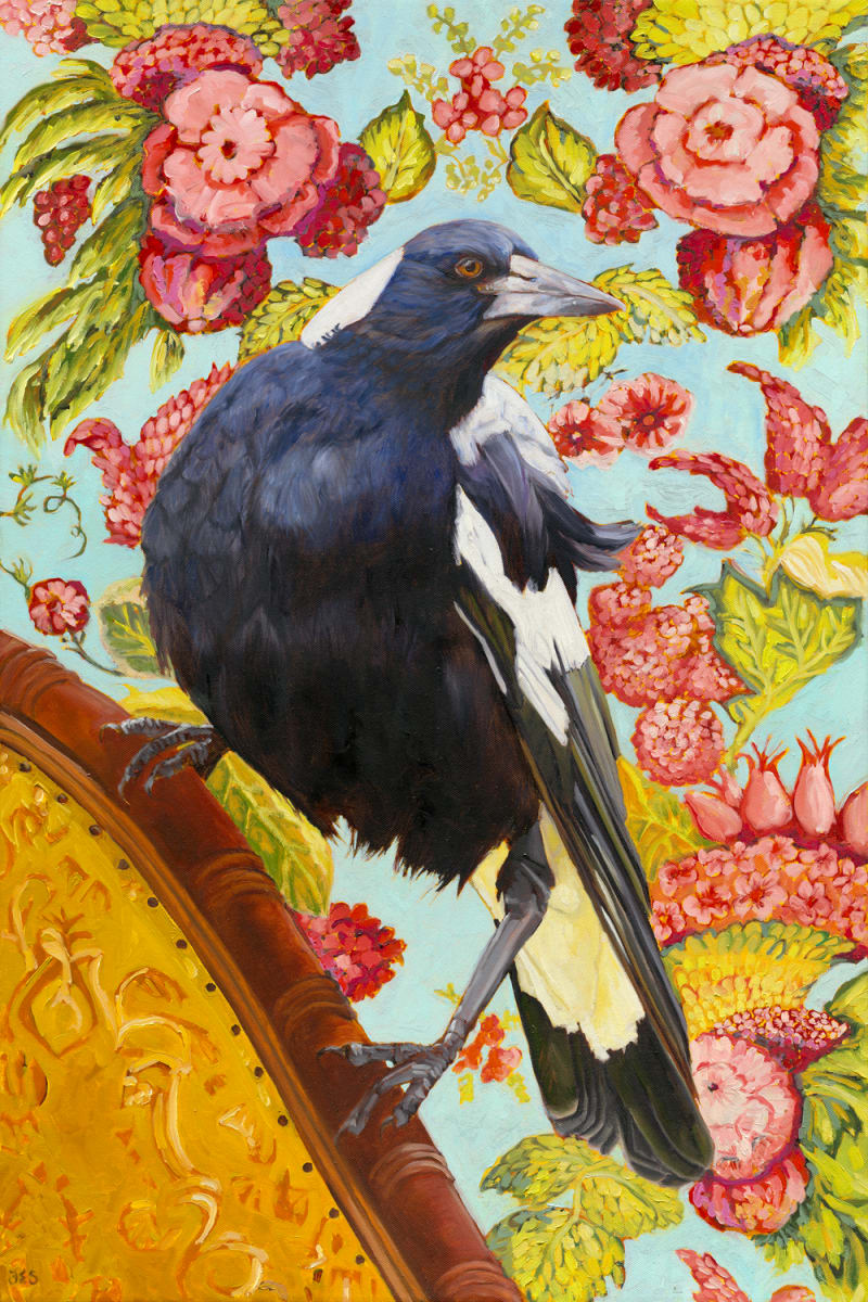 Magpie on Louis XV fabric (scan) 