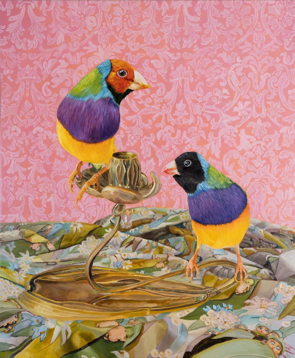 Gouldan Girls - Gouldian Finches on May Gibbs' print by Fiona Smith 