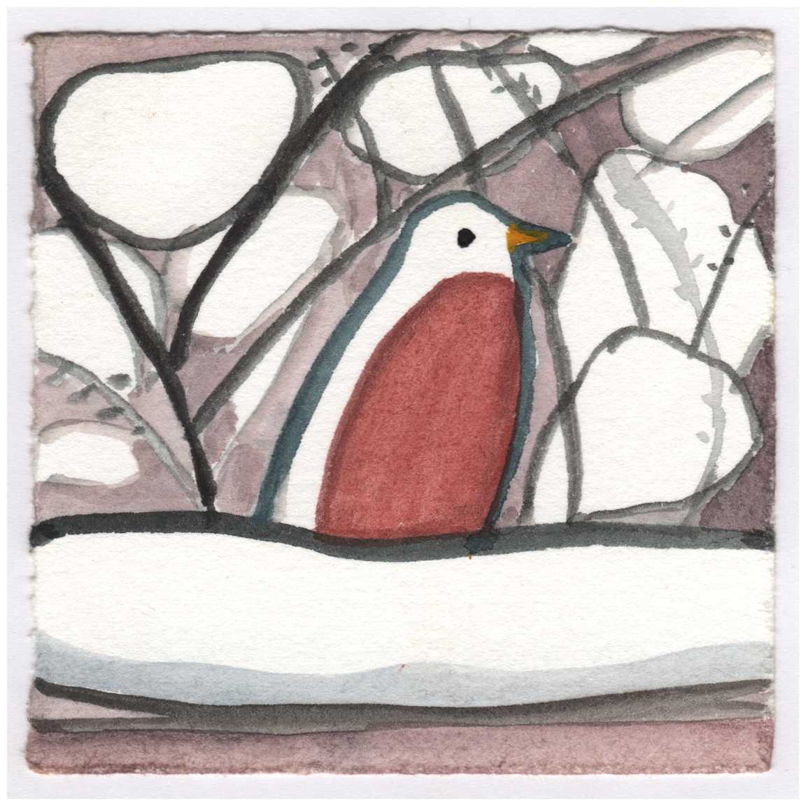A Robin on the Porch Railing with Snow on the Barberry All Around. #094 by Raya Bodnarchuk, Estate, Image 1.