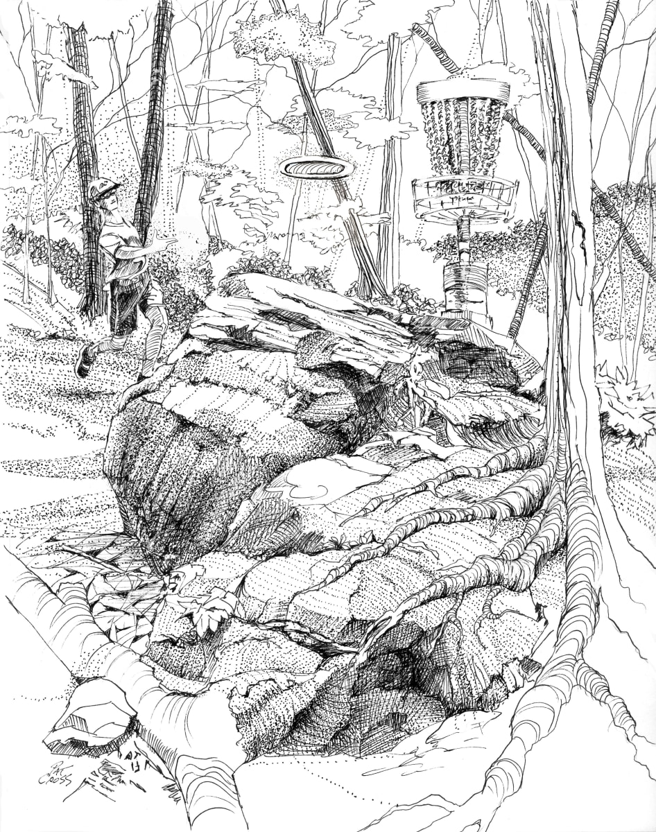 Disc Golfing Solo by Pat Cross  Image: Pen and Ink drawing of Disc Golfer for Week 6 of Eleanor's 2020 Vision