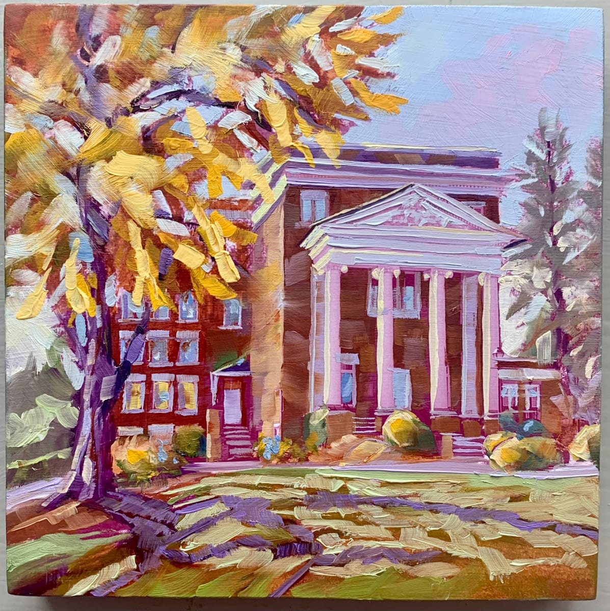 Carnegie Hall in Autumn by Pat Cross  Image: 6x6 oil painting