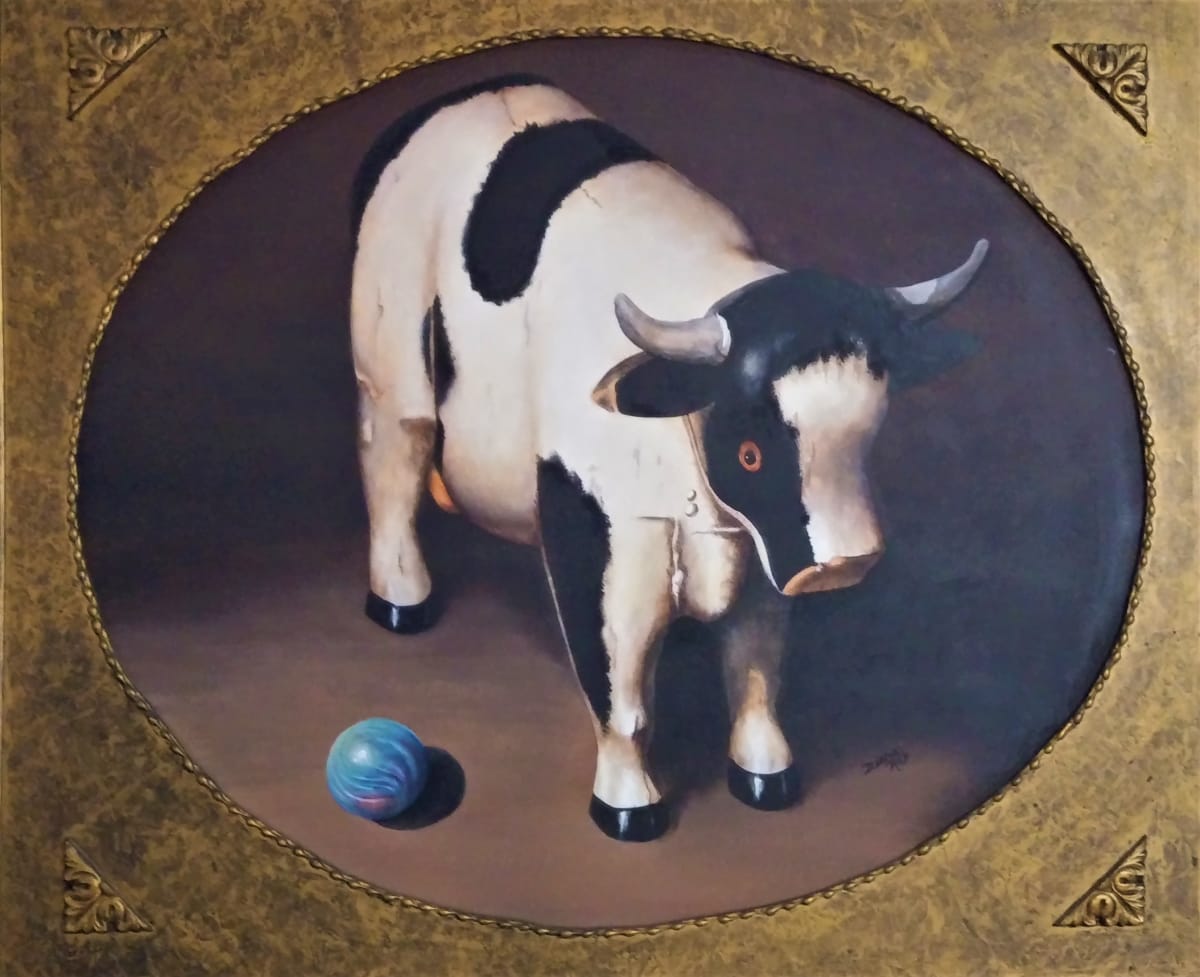 "Wooden Cow with Ball" by Diana Roy 1940-2019, Image 1.