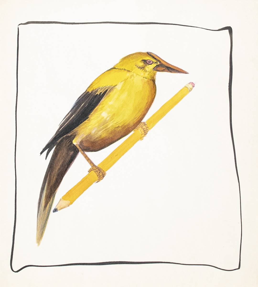 Untitled (Yellow Bird on Pencil by Diana Roy 1940-2019  Image: This delicate bird is one of the few remaining early works of art by Diana Roy (1940 - 2019) a Modern Canadian Artistic Treasure.  