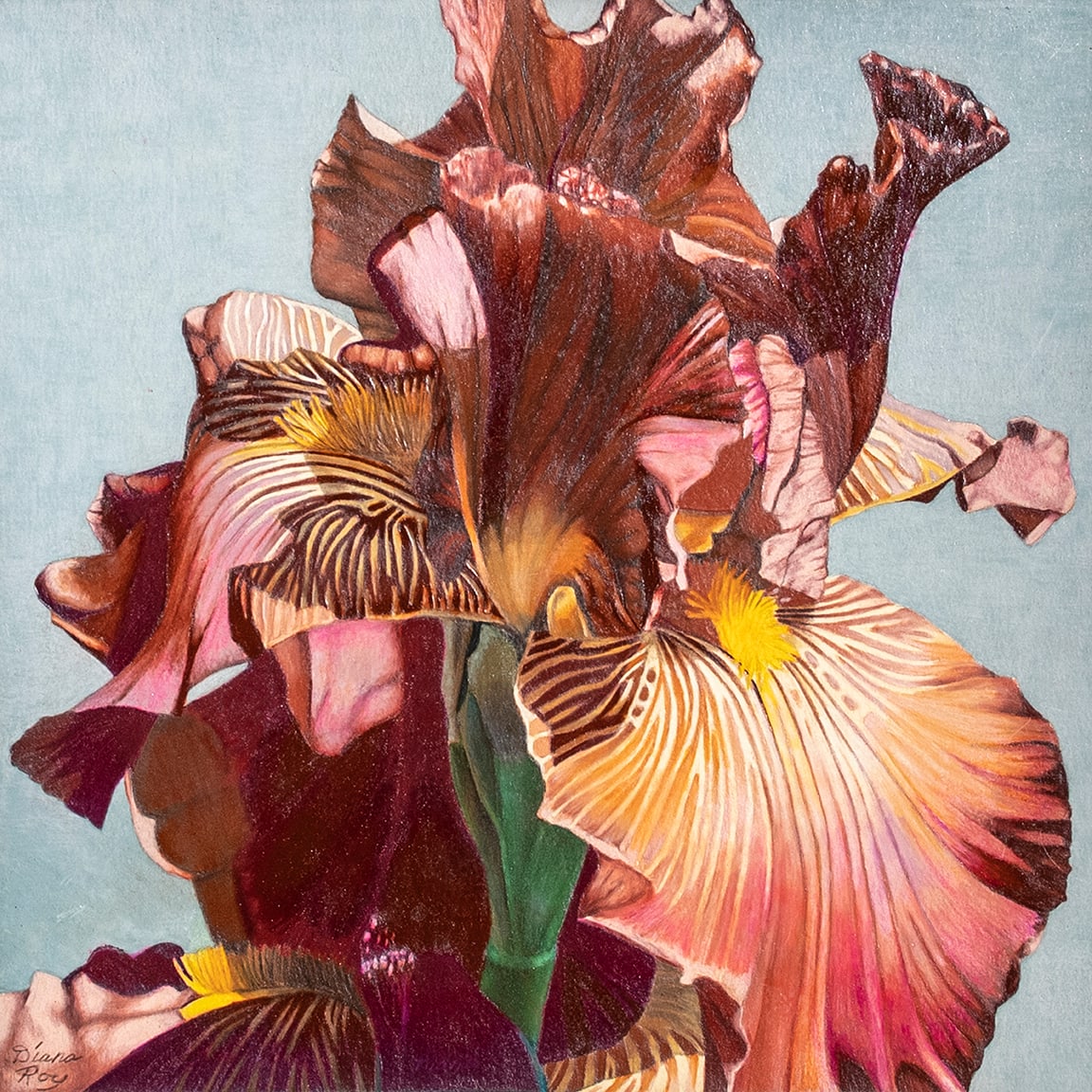 "Burgundy Iris" by Diana Roy 1940-2019, Image 1.