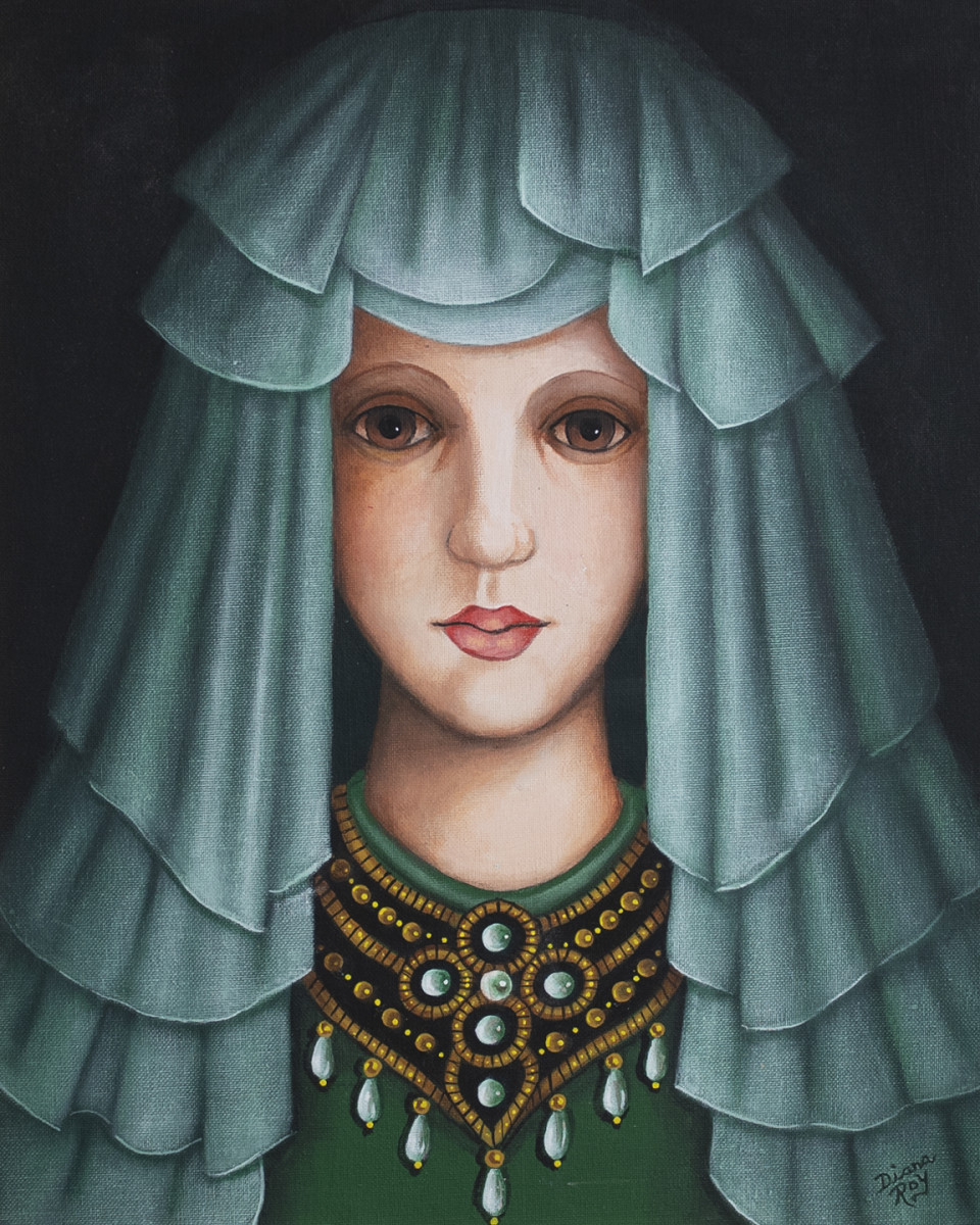 Untitled (Lady with Green Veil) by Diana Roy 1940-2019  Image: The soft expression and flowing folds of this artwork speaks to Diana's softer side.   Few acrylic paintings remain and this perhaps is one of her most unique pieces.   Framed and ready to be displayed. 