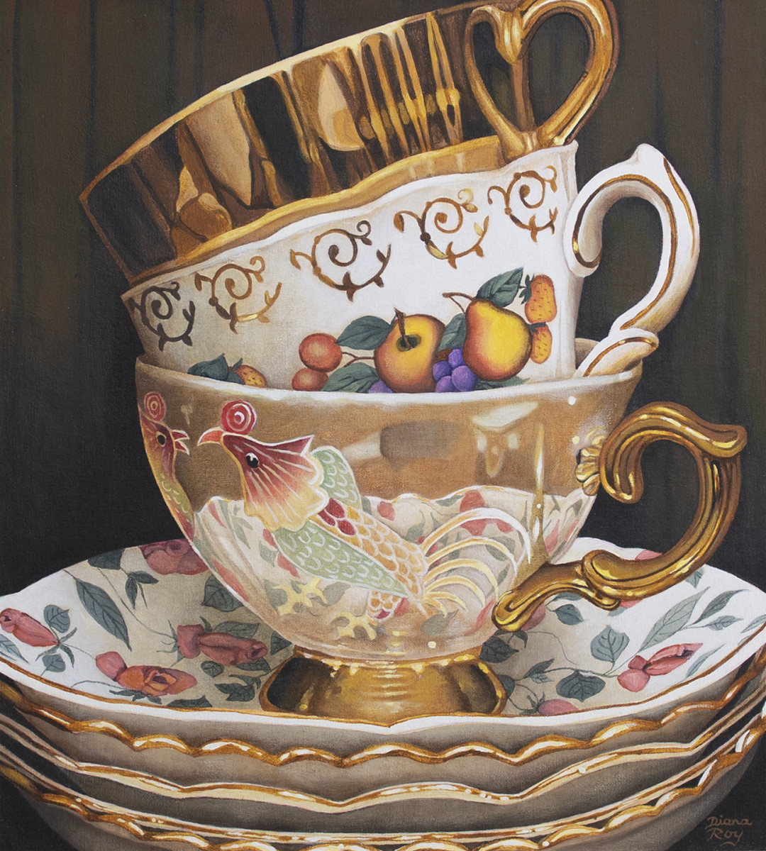 "Three China Cups with Saucers" by Diana Roy 1940-2019 