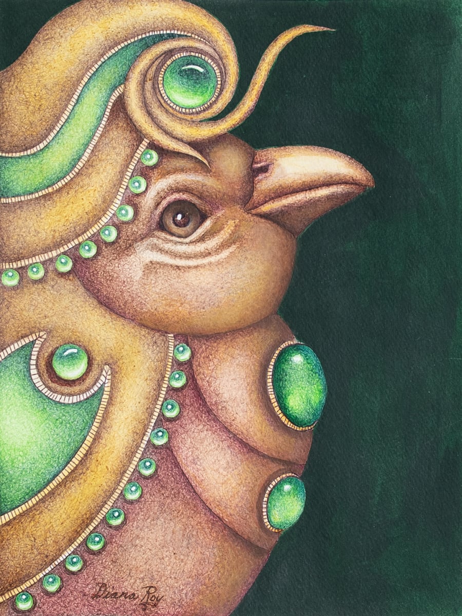 "Bird with Green Jewels" by Diana Roy 1940-2019 