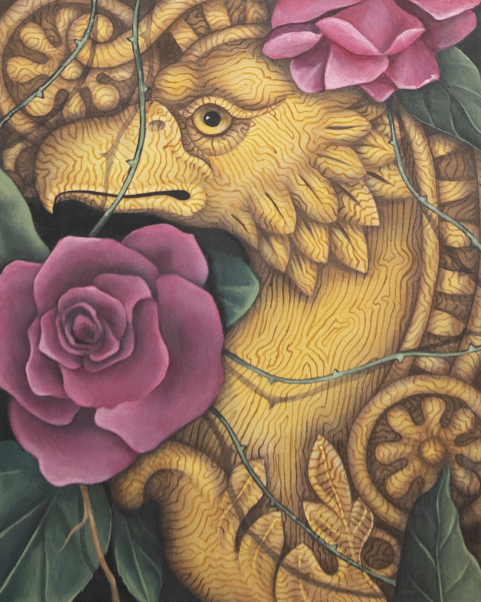 Untitled (Eagle) by Diana Roy 1940-2019  Image: Ornate, Layered and Rich with Colour this Unique  Work Of Art will add a touch of  Beauty to any room.   This Classic Painting from the  Diana Roy Collection is Framed and Ready for Hanging.        Acrylic on Canvas   18"H x 14"W  