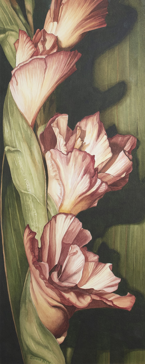 "Shadow Play" by Diana Roy 1940-2019  Image: Diana loved painting flowers.   Adding depth to the piece playing with light, dark and shadows.  