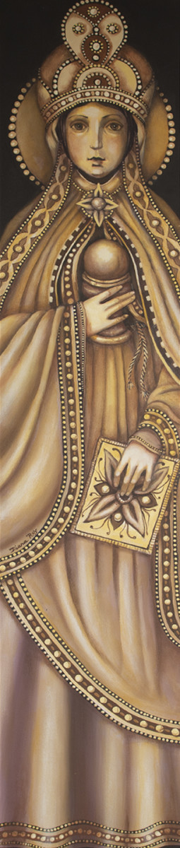 Untitled (Tall Saint) by Diana Roy 1940-2019  Image: Diana incorporated religious themes into a small number of her pieces.  The ornate styles of the Renaissance  period inspired her designs.   Framed and ready to be hung. 