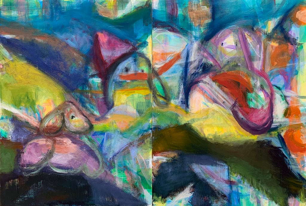 Mommy Mayhem: Bunny Landscape #1 (Diptych), 2021, Acrylic and Oil on 2 Panels  Image: Mommy Mayhem: Bunny Landscape #1 (Diptych), Acrylic and Oil on 2 Panels, 2021