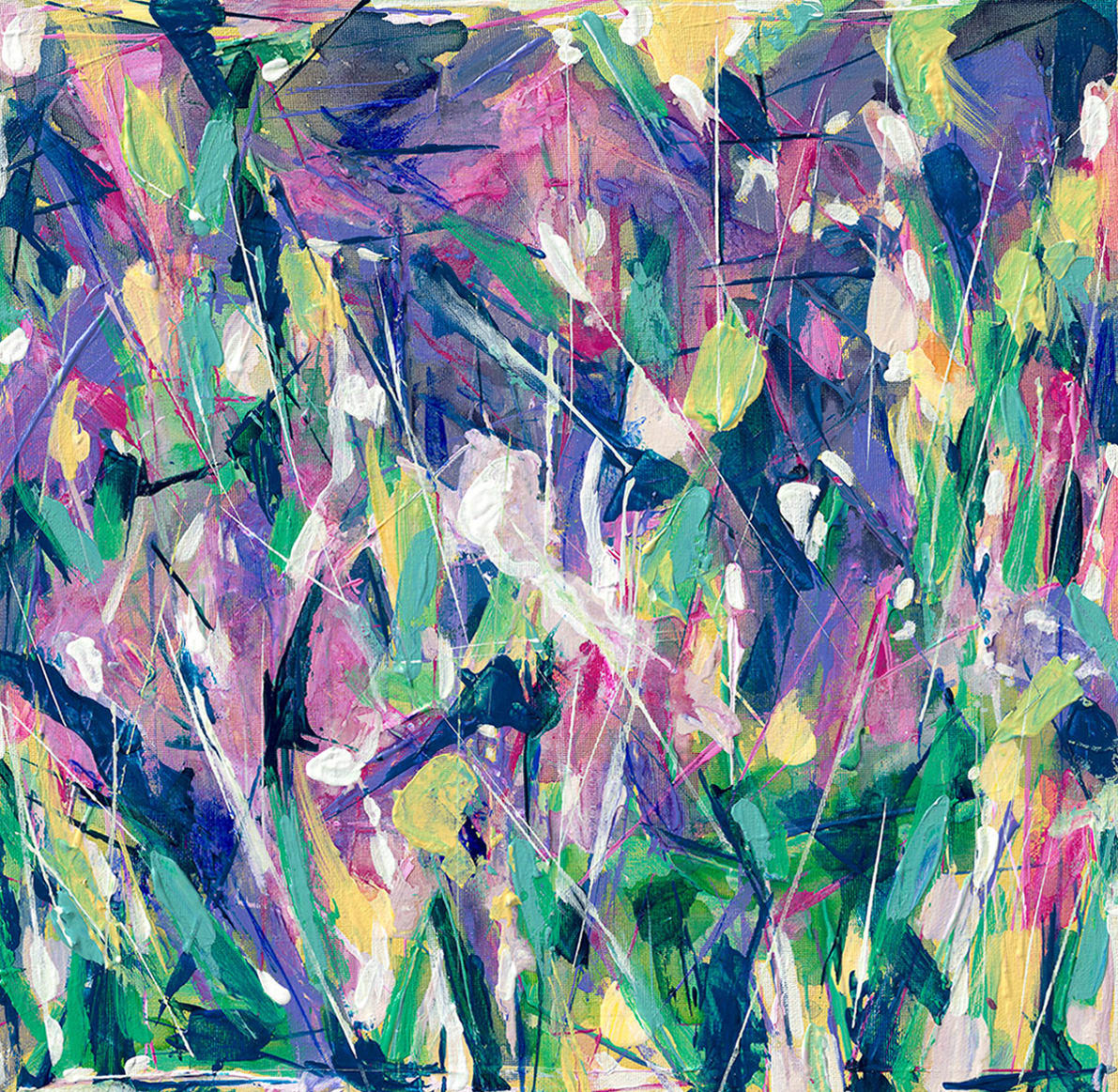 Green Purple Abstract Flowers, 2019, acrylic on canvas, 18 x 18 inches by Rachael Grad  Image: Green Purple Abstract Flowers, 2019, acrylic on canvas, 18 x 18 inches