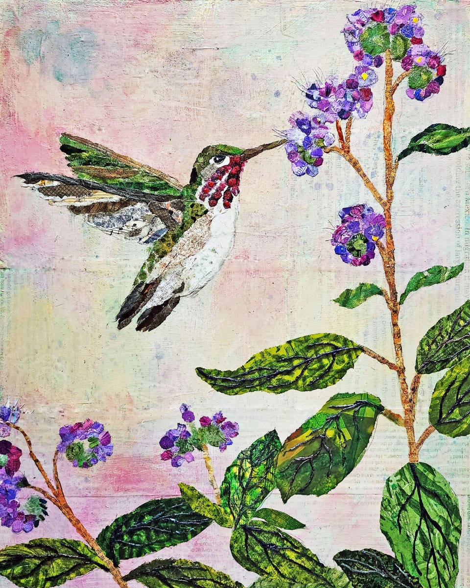 Bees, Butterflies and Beyond: Dance of the Flowers: Calliope Hummingbird by Poppyfish Studio: The Art of Natasha Monahan Papousek  Image: A tiny Calliope Hummingbird dances among the Phacelia
