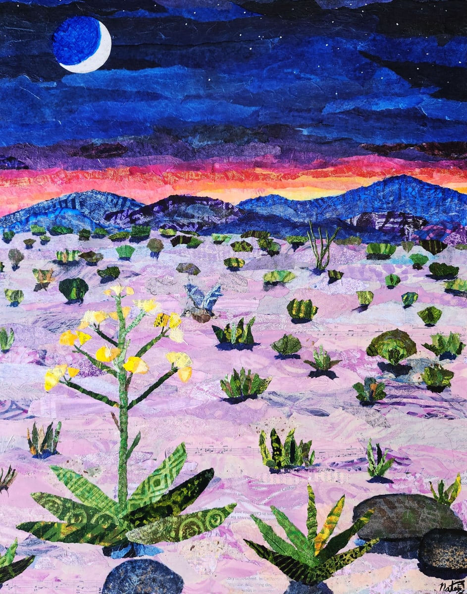 Bees, Butterflies and Beyond: Tequila Sunset by Poppyfish Studio: The Art of Natasha Monahan Papousek  Image: A Mexican Long-Tongued Bat pollinates a blue agave in the Sonoran Desert in the duet that makes tequila possible.