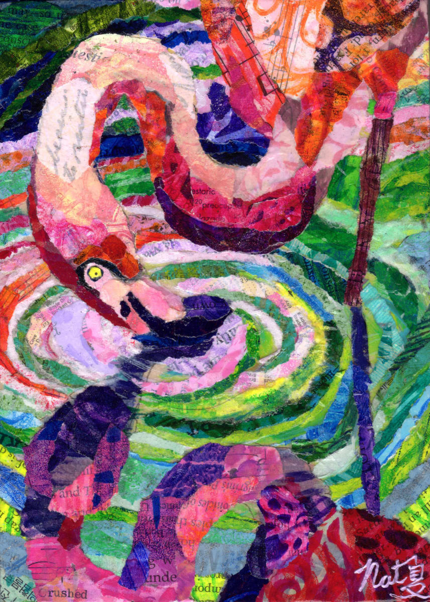 Flamingo Reflection by Natasha Papousek  Image: A flamingo dips its beak into the surface of a pond and is reflected in the water in a brilliant symphony of bright colors.