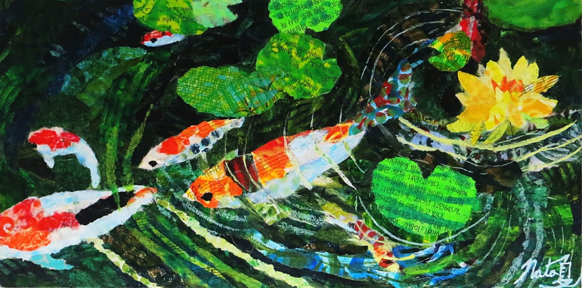 The Koi Pond by Poppyfish Studio: The Art of Natasha Monahan Papousek  Image: A tranquil koi pond expresses the idea of many levels seen in one glance, the flowers that float on the surface, the ripples in the water and the colorful fish that live beneath the surface.