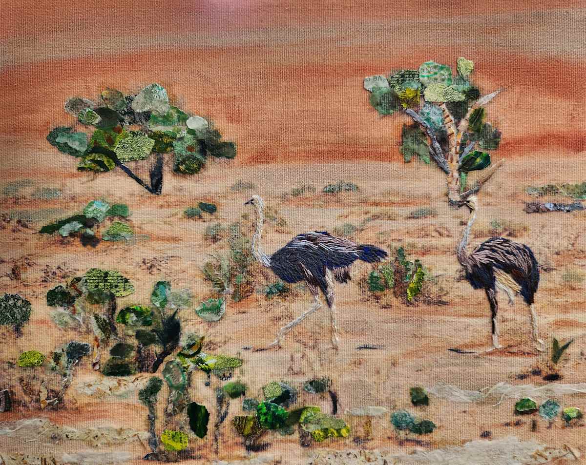 Namibian Traffic Jam by Poppyfish Studio: The Art of Natasha Monahan Papousek  Image: Two ostriches commute through the Namib desert