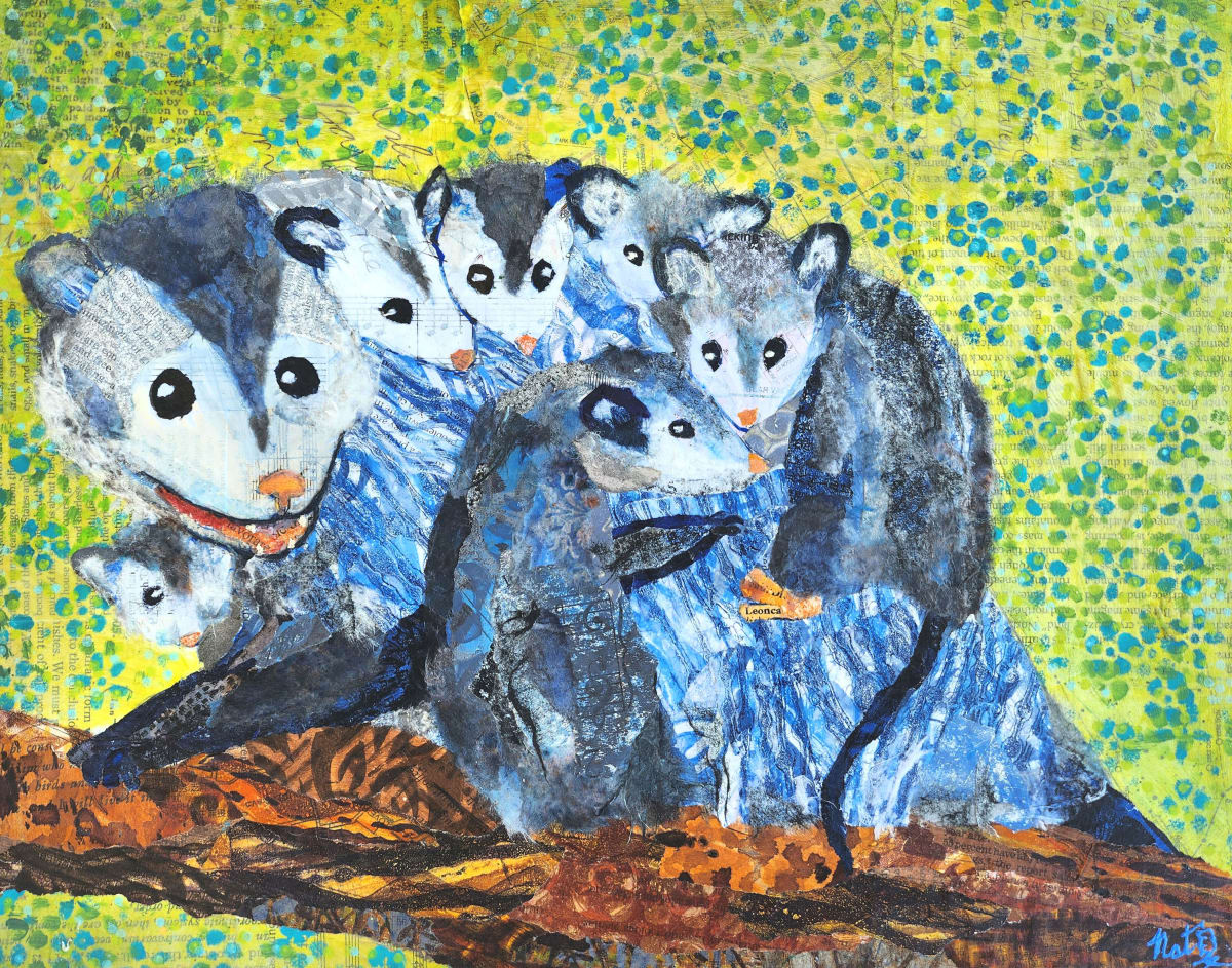 Wild Neighbors: Opossum by Poppyfish Studio: The Art of Natasha Monahan Papousek  Image: A family of opossums pauses for a moment on a log.