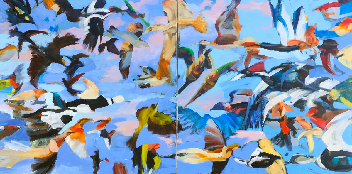 Tribute by Sally Kauffman  Image: Tribute memorializes extinct avian species including passenger pigeons, Carolina parakeets, imperial and ivory- billed woodpeckers, Bachman's warblers, slender-billed curlews, labrador ducks and bridled white-eyes. The painting draws attention to the negative impact on the birds when we develop the land that is their natural habitat and poison their water and food sources.