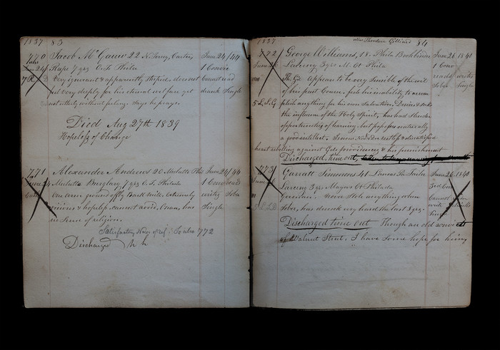Warden's Logbook, 1837 Page 83-84 by Eric T. Kunsman  Image: ID: A black and white image shows an open log book with cursive writing.