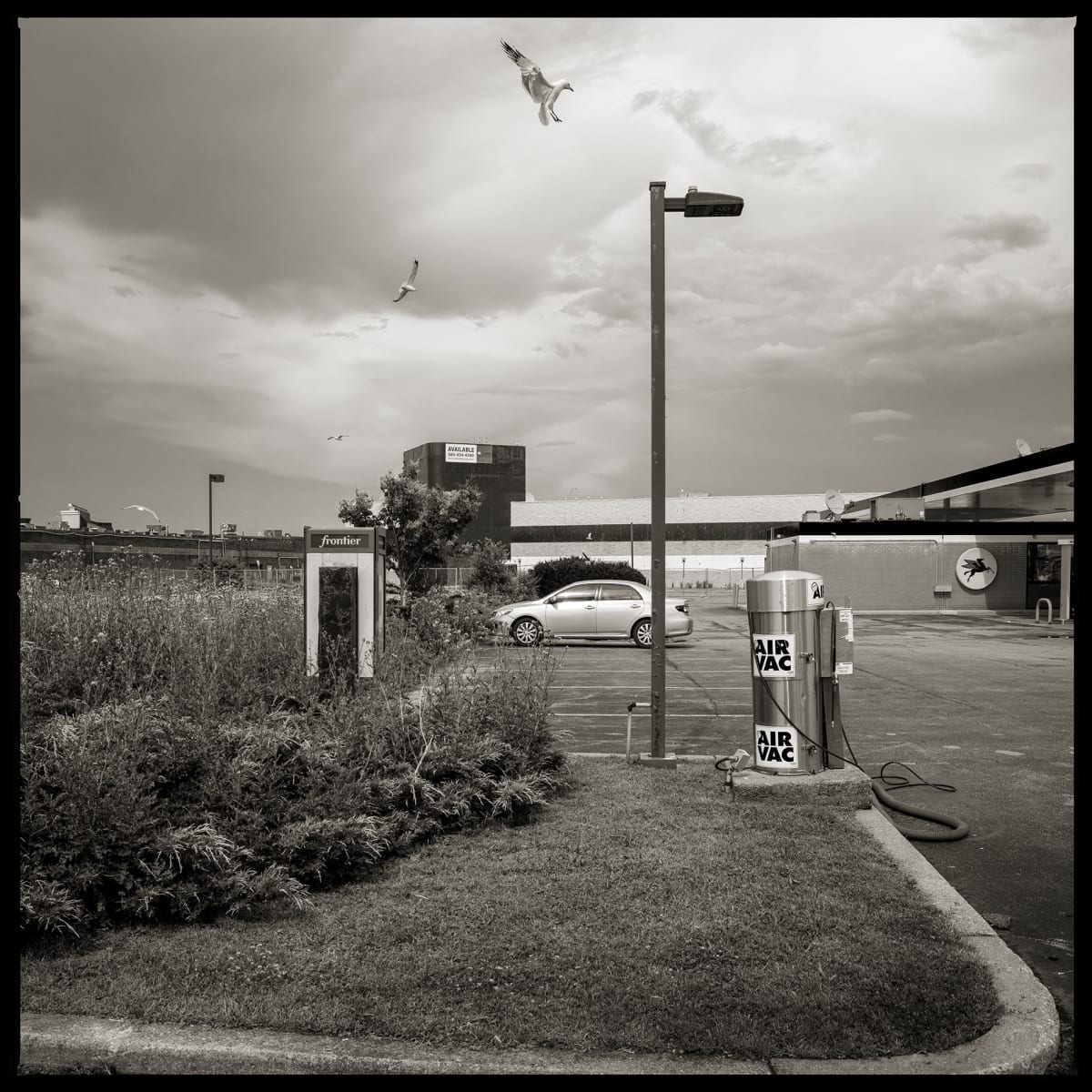 585.427.9629 – 1775 Marketplace Drive, Henrietta, NY 14623 by Eric T. Kunsman  Image: ID: A black and white image shows a parking lot with buildings in the background.  There is a light post in the center.  To the right there is an Air Vac station for tires and to the right is a payphone booth.  There are sea gulls flying in the sky.