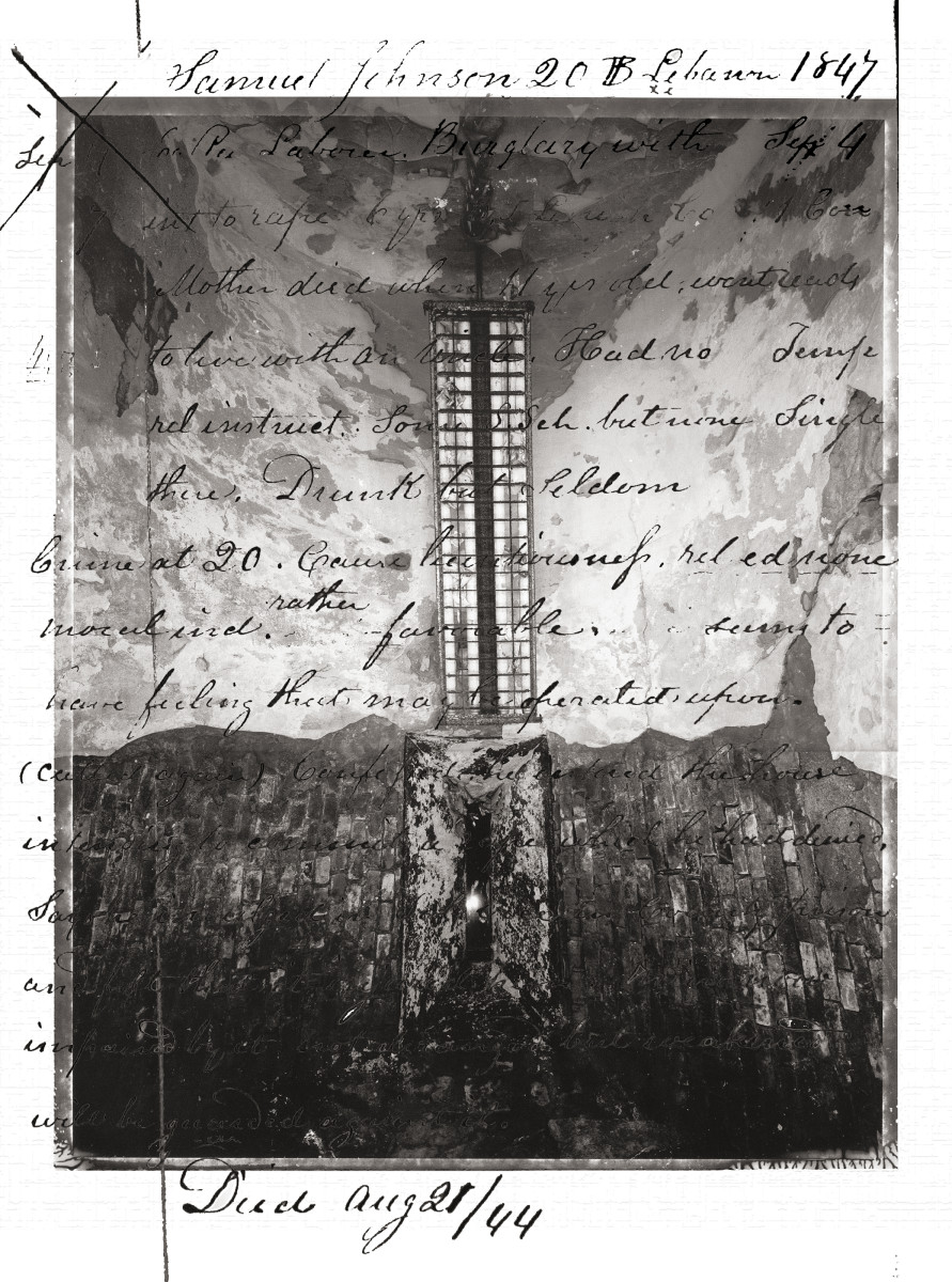 Samuel Johnson by Eric T. Kunsman  Image: ID: A black and white image shows an image of a ceiling light on a cracking ceiling.  On top in black cursive writing is information about prisoner Samuel Johnson.