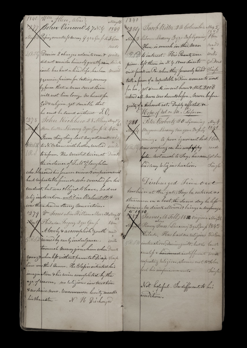 Warden's Logbook 1840, Prisoners 277-282 by Eric T. Kunsman  Image: ID: A black and white image shows an open log book with cursive writing.