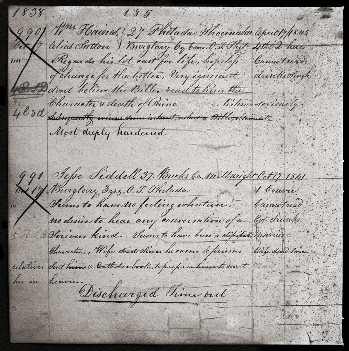 "Most Deeply Hardened" by Eric T. Kunsman  Image: ID: A black and white image has two logs of prisoners that are written in cursive.