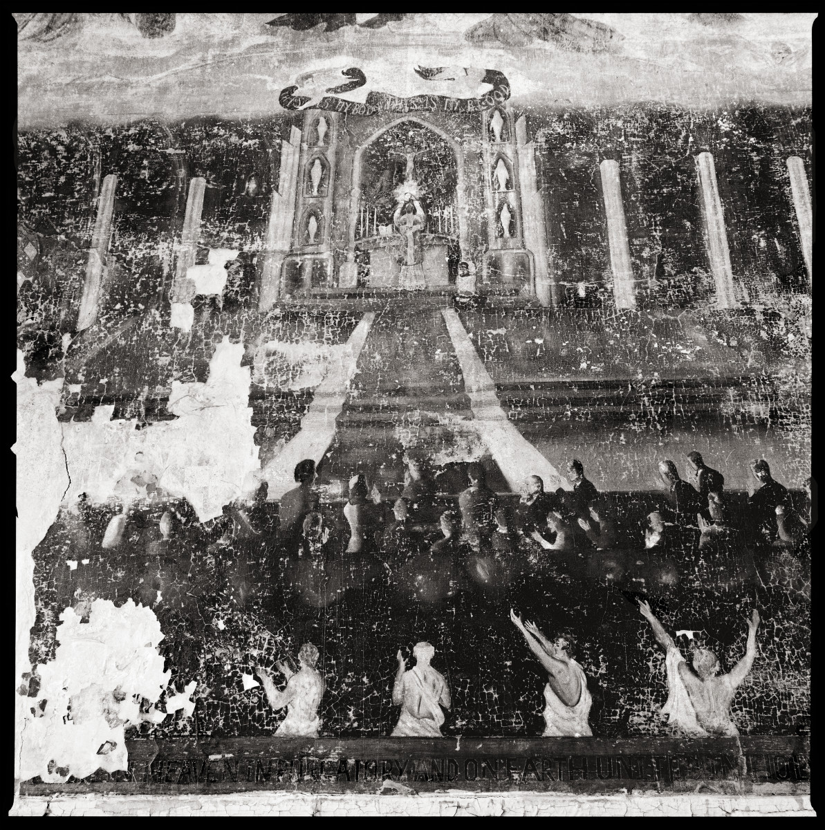 Fresco, Chaplain's Office by Eric T. Kunsman  Image: ID: A black and white image shows a religious painting that is chipping. There are four visible figures in white in the front and many figures in black behind in front of them.  There is a figurehead at the top of the painting in a building of sorts.
