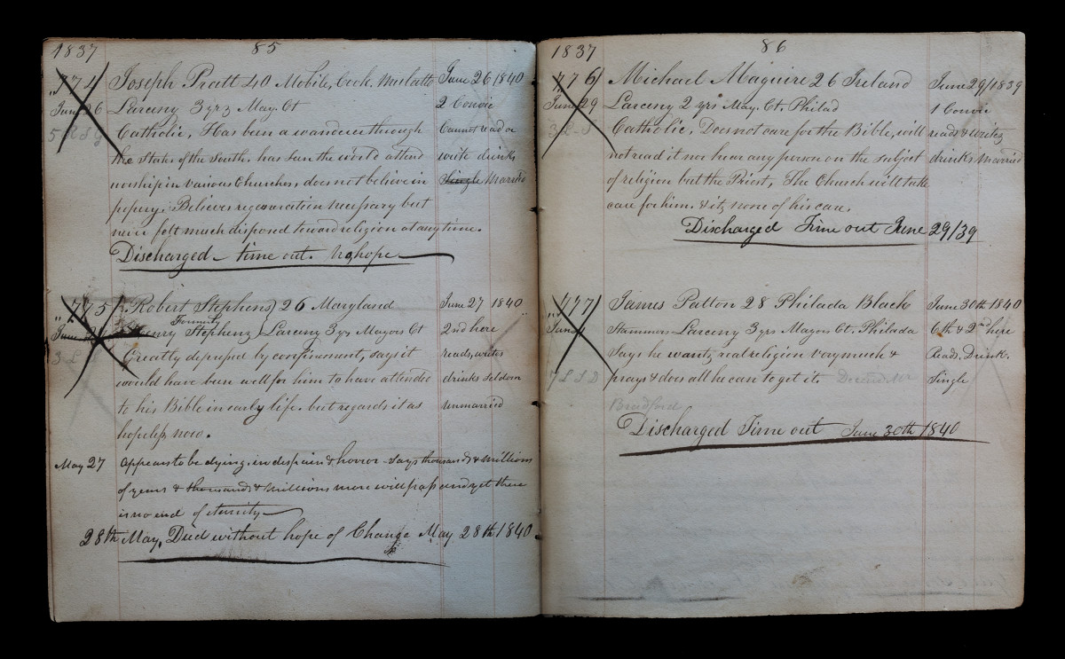 Warden's Logbook 1837, Page 85-86 by Eric T. Kunsman  Image: ID: A black and white image shows an open log book with cursive writing.
