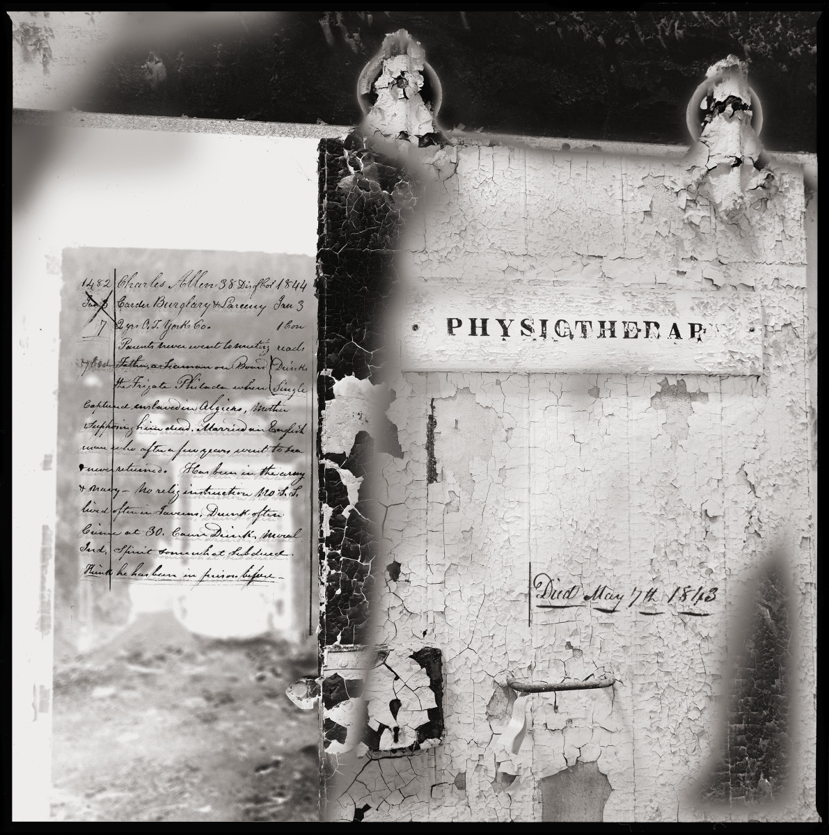 Physiotherapy by Eric T. Kunsman  Image: ID: A black and white image shows a board on the right reading "Physiotherapy".  On the left is a paper with black cursive writing.
